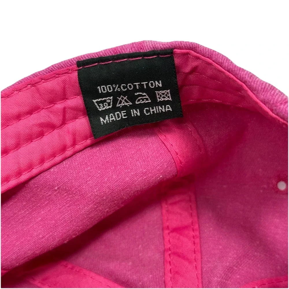 Pink Washed Cotton Baseball Cap Yellow Embroidered Smiley Face Patch Strap Back